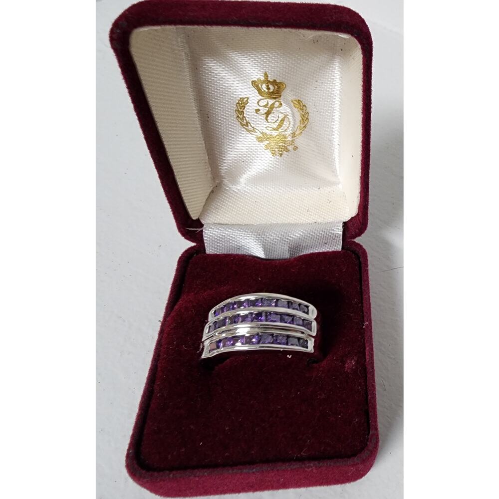 Vintage Silver Amethyst Ring Size 12 w/ Box – Triple Row Purple Gem Design 925SS